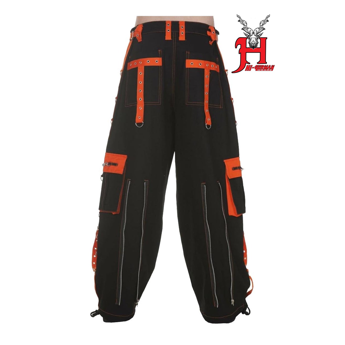 Gothic Herren Hose Schwarz Orange – Ketten Träger Techwear Punk Rave Style