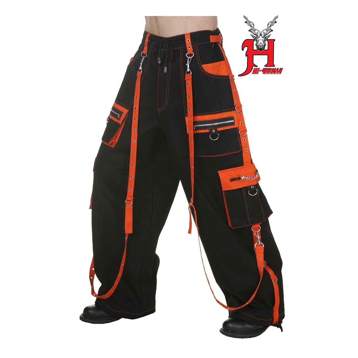 Gothic Herren Hose Schwarz Orange – Ketten Träger Techwear Punk Rave Style
