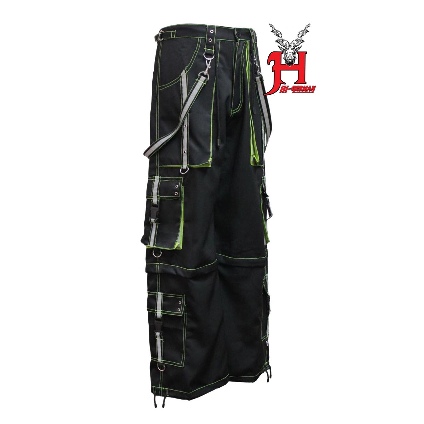 Gothic Hose Herren Schwarz Neongrün – Techwear Rave Cargo mit Trägern