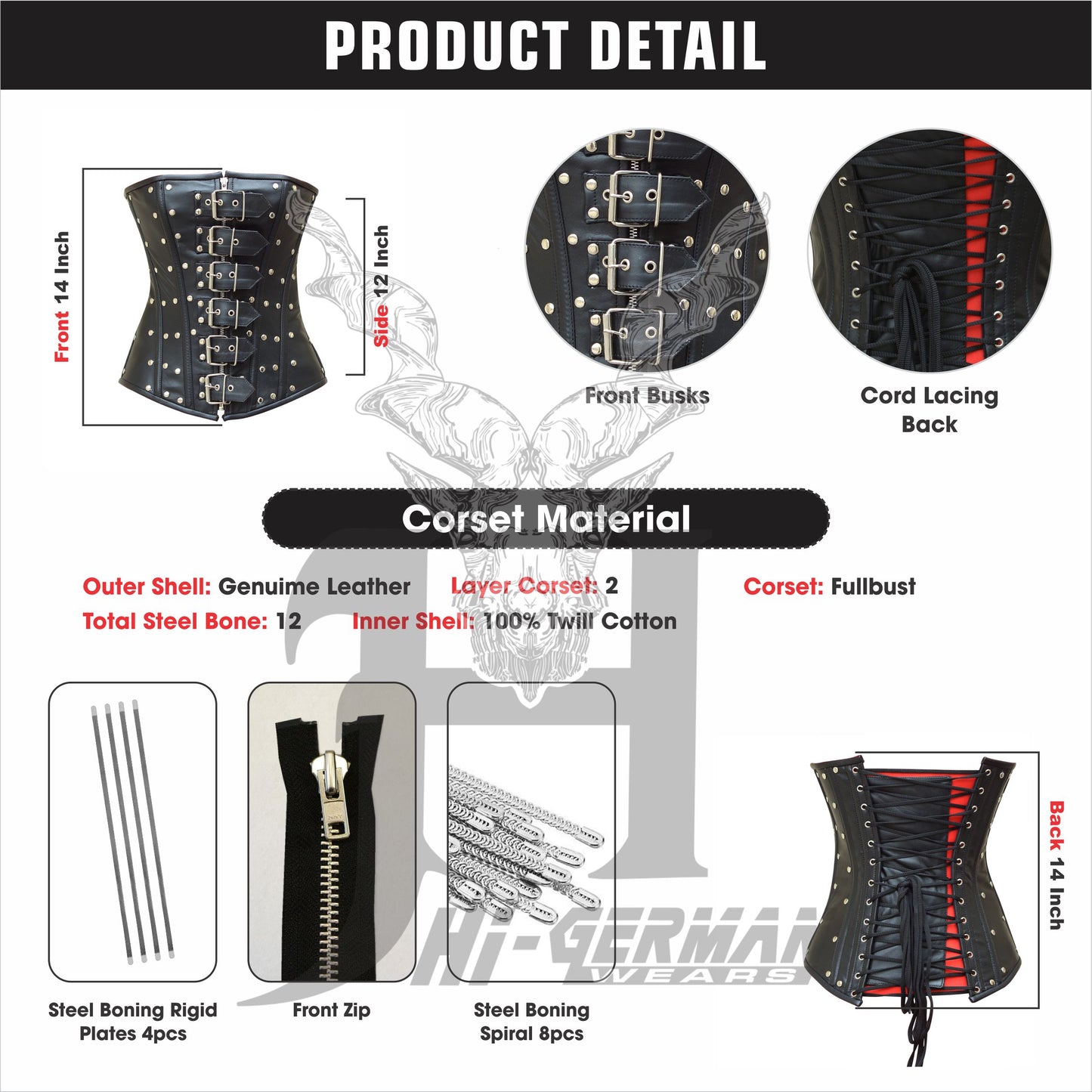 Women's Heavy Duty Steel Boned Black Gothic Leather Waist Trainer Body shaper Front Zip Closure
