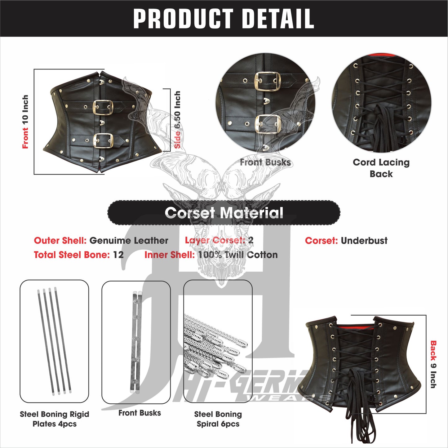 Women's Genuine Leather Corset Belt-Short Body Shaper Waist Trainer Steel Boned Corset