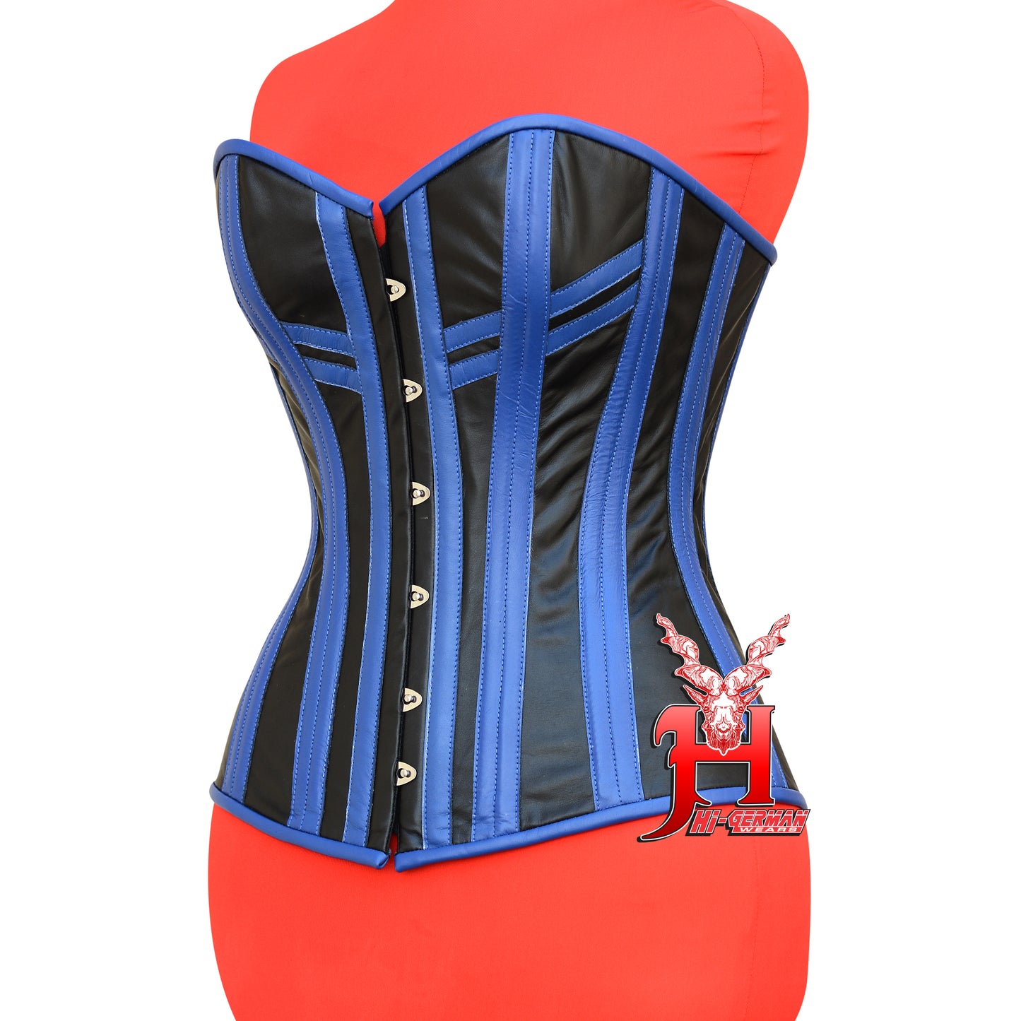 Women's Overbust Steel Boned Blue / Black Leather Corset Top Body Shaper Waist Trainer