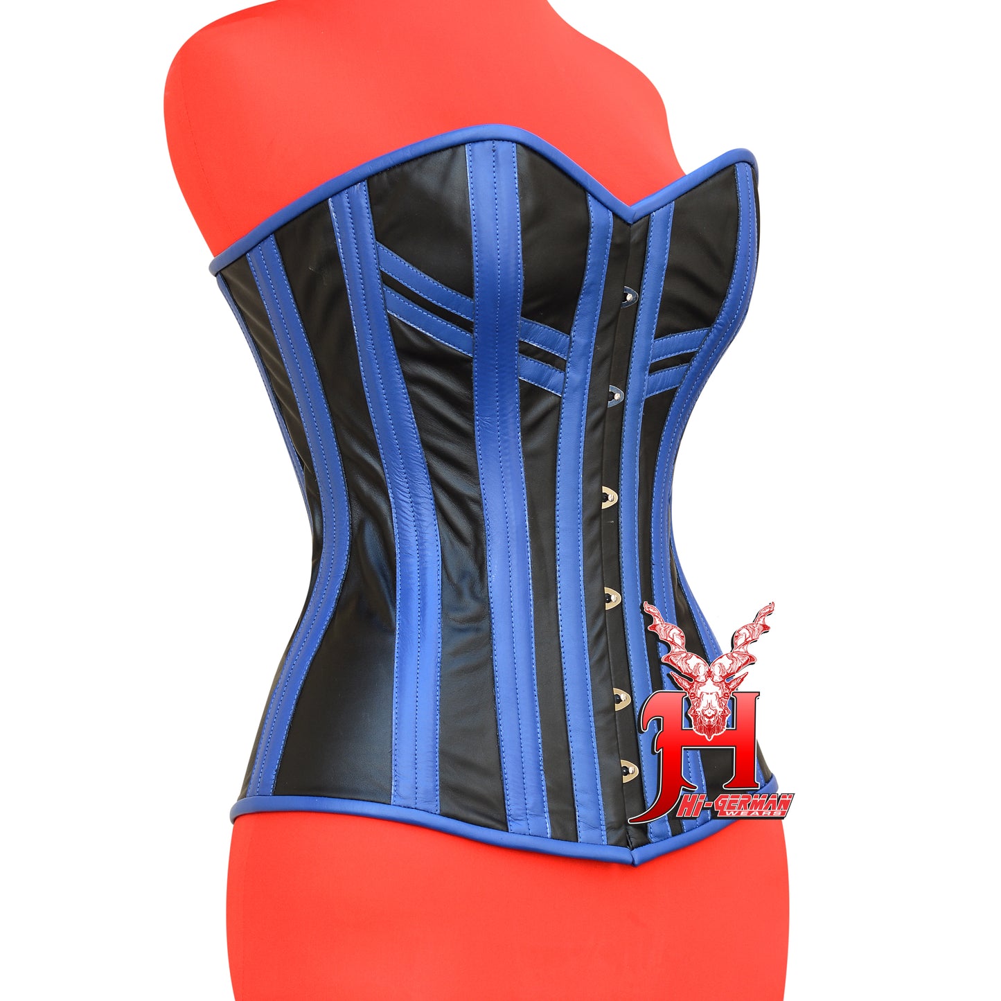 Women's Overbust Steel Boned Blue / Black Leather Corset Top Body Shaper Waist Trainer