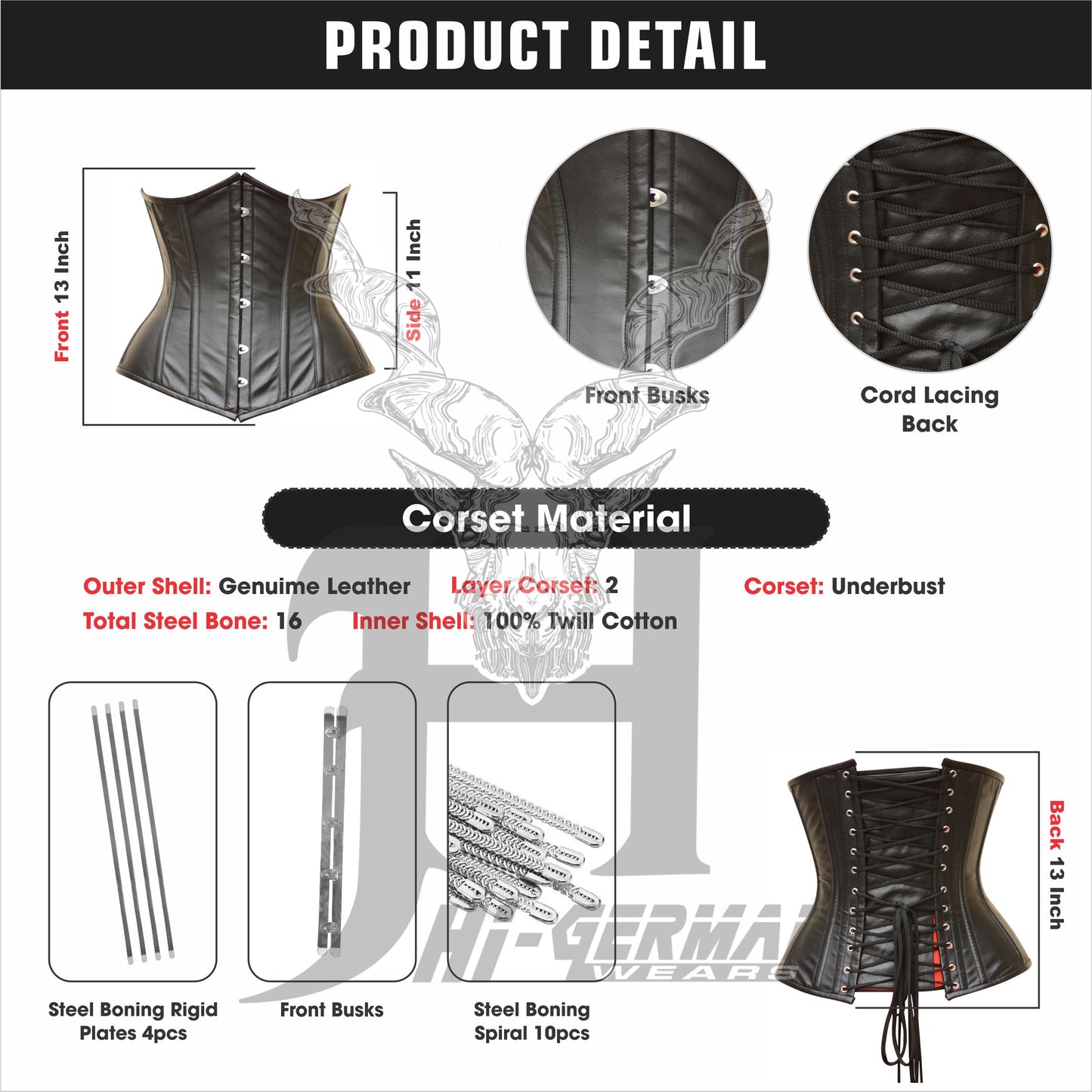 Women's Unterbrustkorsett Schwarz Leder Korsett Taillentraining Underbust Leather Corset