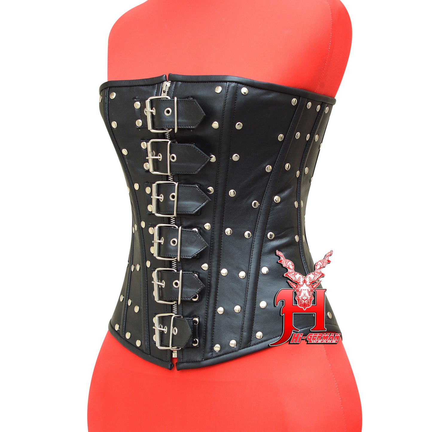 Women's Heavy Duty Steel Boned Black Gothic Leather Waist Trainer Body shaper Front Zip Closure