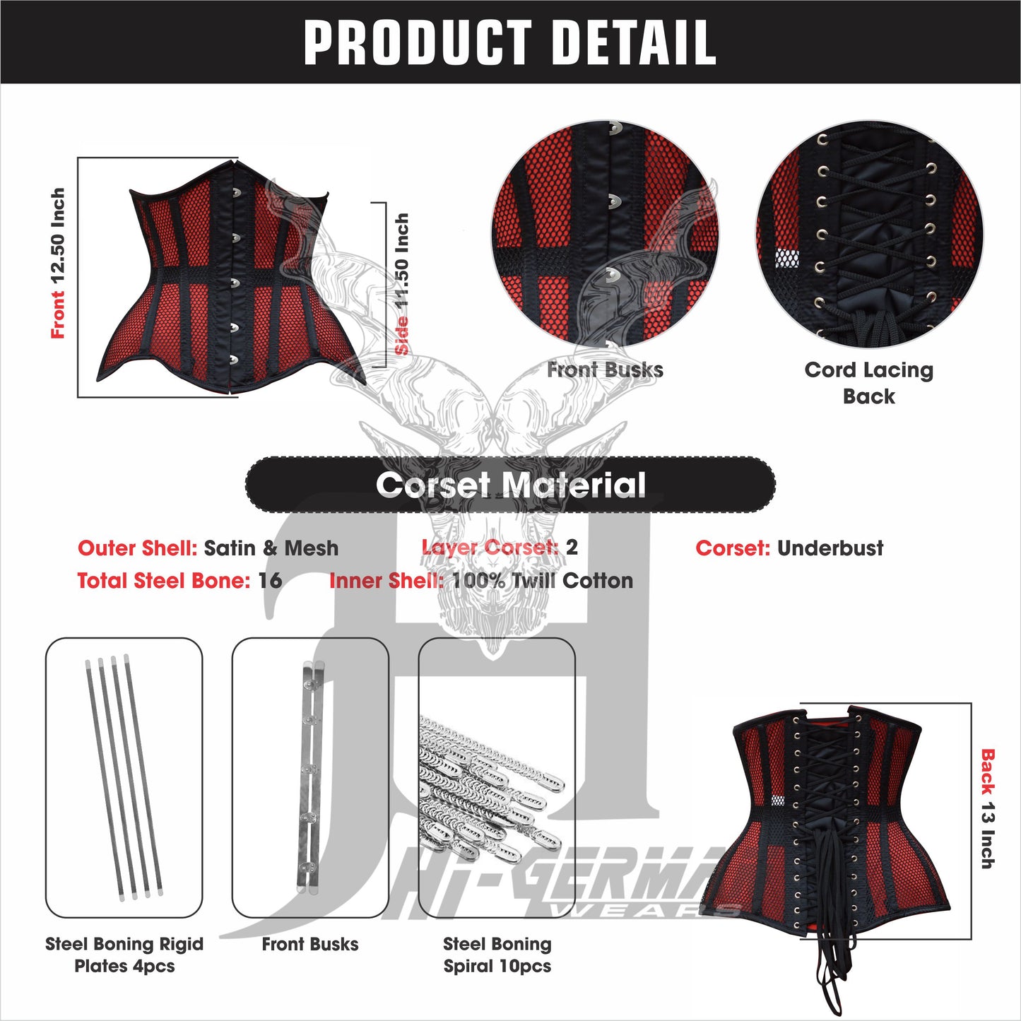 Underbust Black Cotton Gray Mesh Corset for Women – Double Steel Boned Gothic Waist Trainer / Unterbrust Korsett Damen