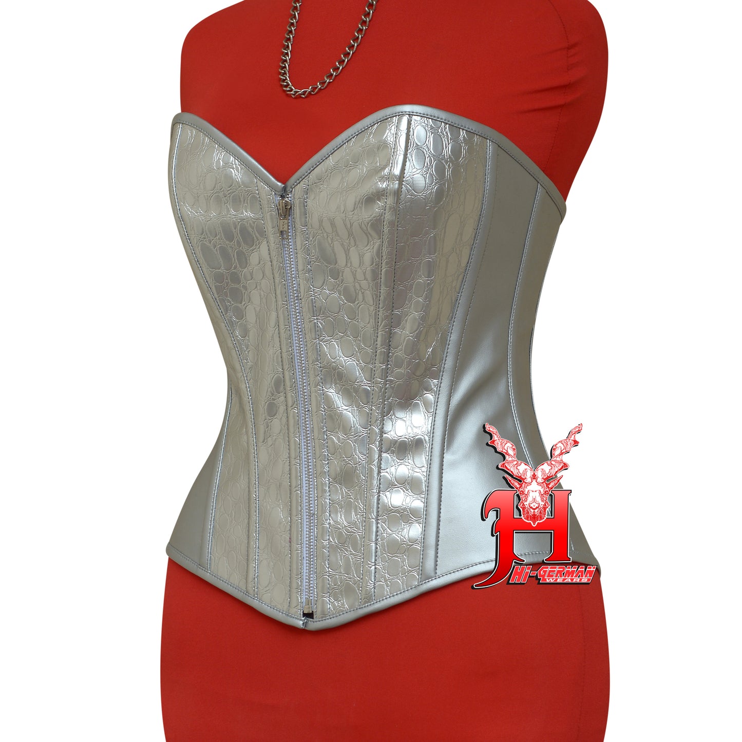 Women's Heavy Duty Steel Boned Overbust Waist Training Snake Print Faux Corset Front Zip Closure