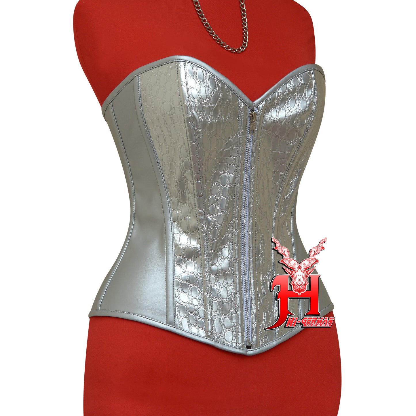 Women's Heavy Duty Steel Boned Overbust Waist Training Snake Print Faux Corset Front Zip Closure