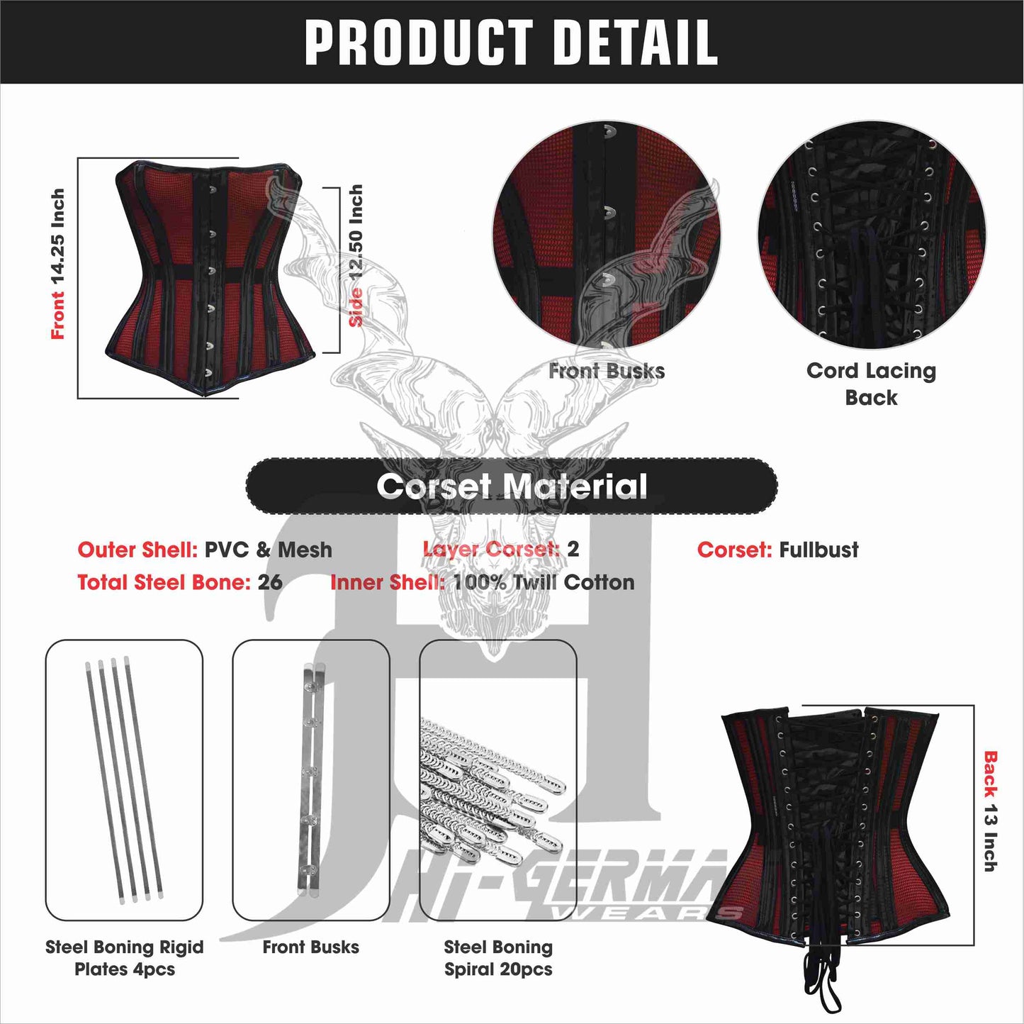 Overbust Black PVC Mesh Corset for Women – Double Steel Boned Gothic Waist Trainer, Clubwear Corset, Sexy Corset Top / Überbrust Korsett Damen