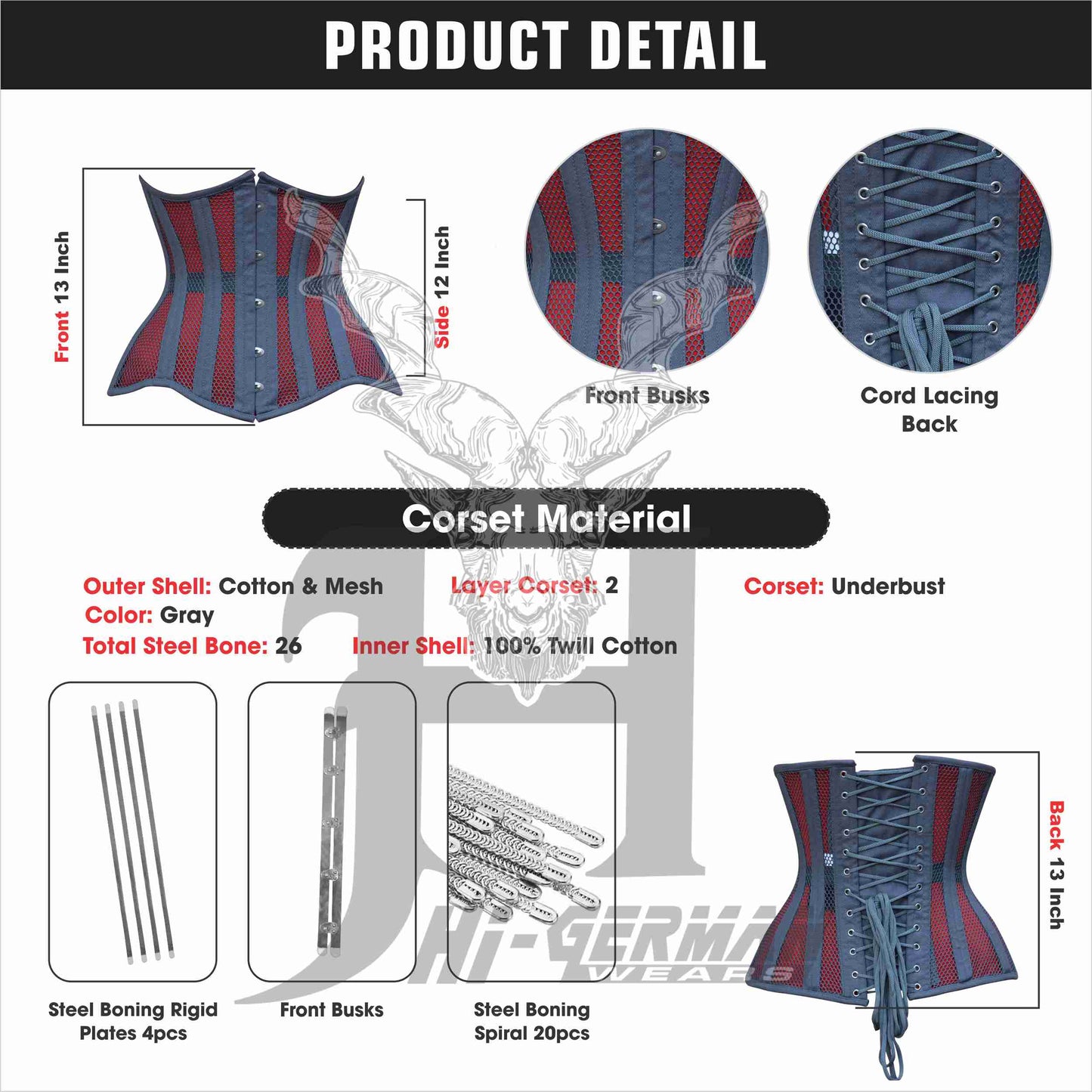 Underbust Gray Cotton Mesh Corset for Women – Double Steel Boned Gothic Waist Trainer / Unterbrust Korsett Damen
