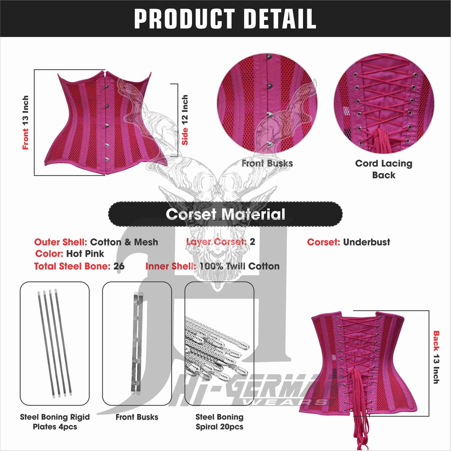 Underbust Hot Pink Cotton Mesh Corset for Women – Steel Boned Gothic Waist Trainer / Unterbrust Korsett Damen