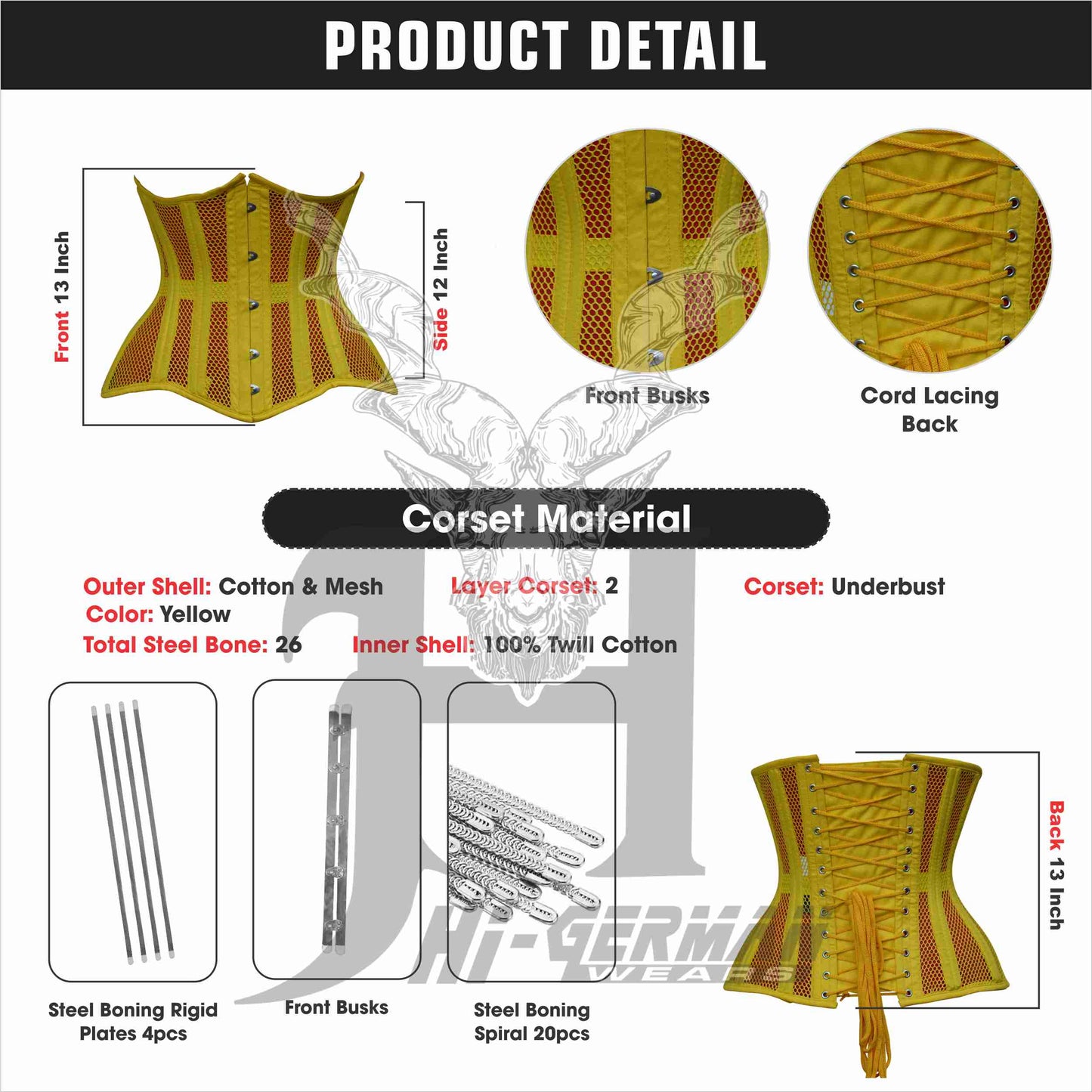 Underbust Yellow Cotton Mesh Corset for Women – Double Steel Boned Gothic Waist Trainer / Unterbrust Korsett Damen
