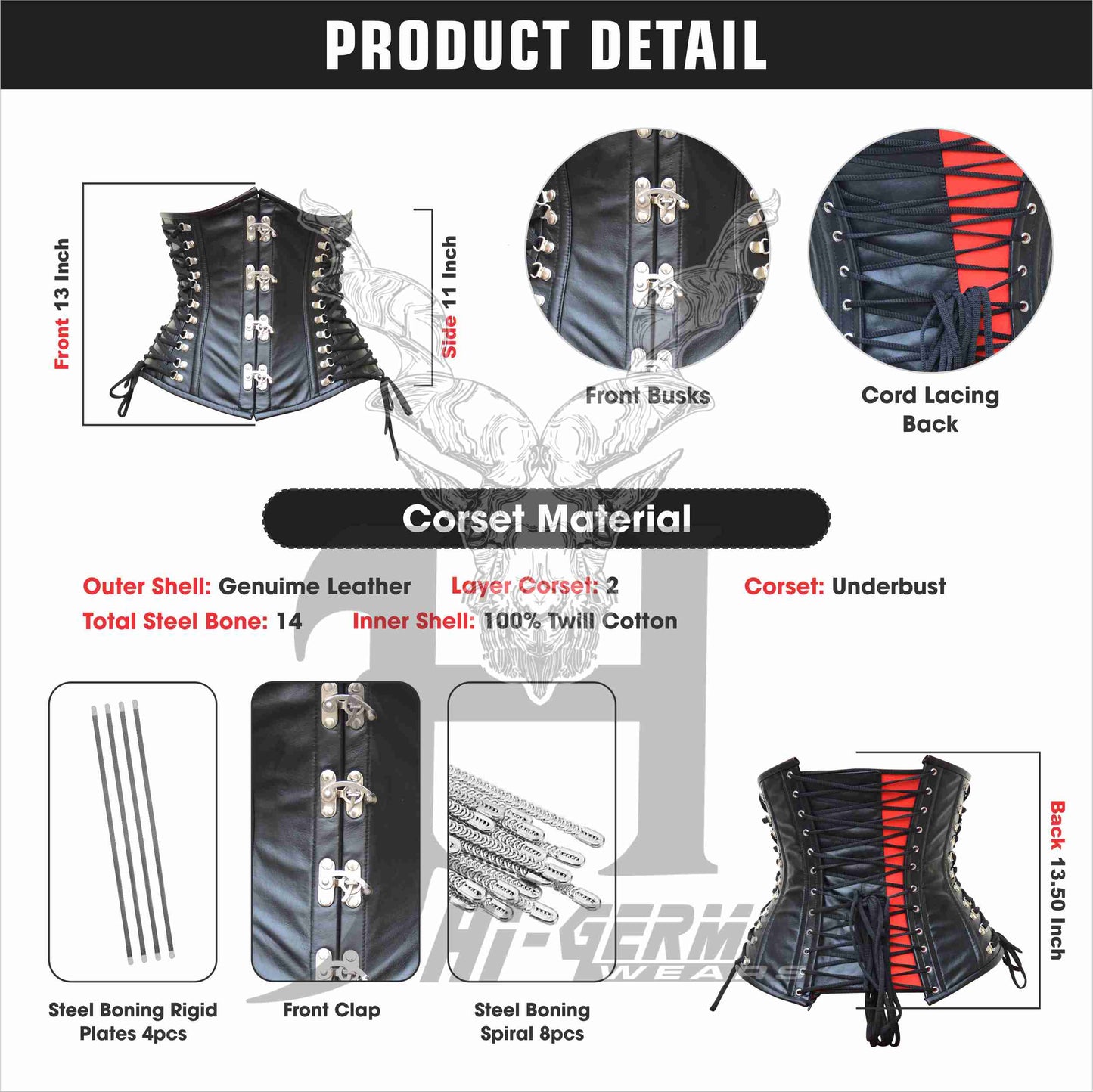 Women's Steel Boned UnderBust Black Leather Steampunk Body Shaper Hourglass Corset Swing Hook Closure