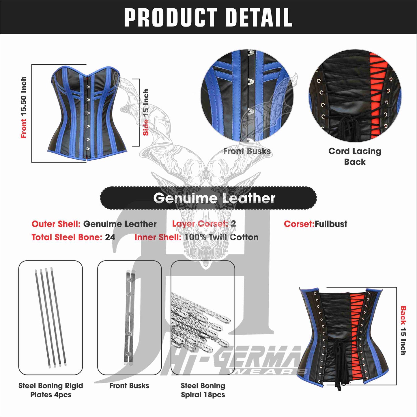 Women's Overbust Steel Boned Blue / Black Leather Corset Top Body Shaper Waist Trainer