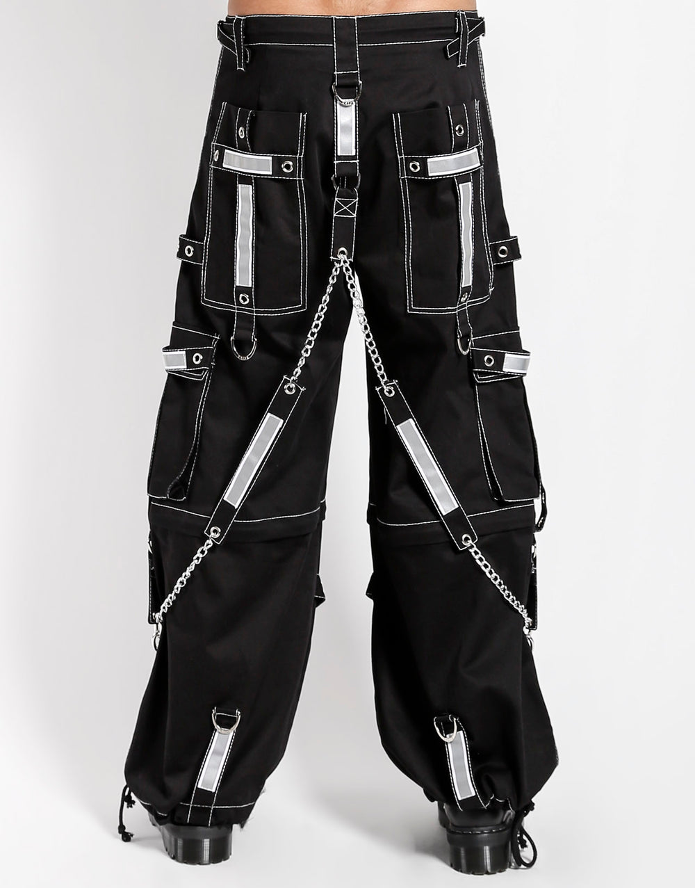 Men's Gothic Threads Reflective Pant Black Punk Buckle Zips Chain Strap Trousers