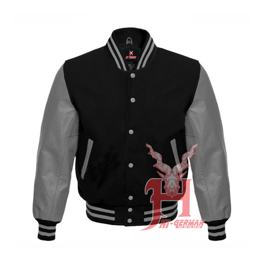 Premium Gothic Varsity Jacket – Schwarze Wolljacke mit grauen Lederärmeln | Retro College Bomber Unisex Style