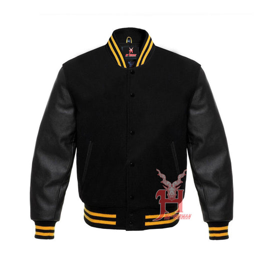 Black-on-Black Varsity-Jacke – Wool Body & Genuine Leather Sleeves – Unisex Retro College Letterman Bomber Gothic Streetwear Custom
