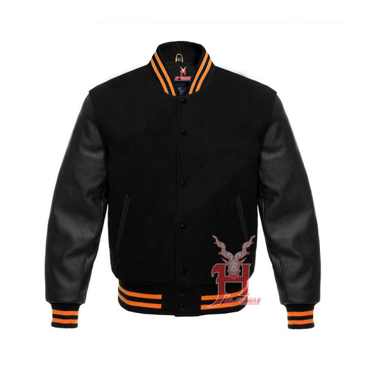 Black Wool Varsity-Jacke mit Black Leather Sleeves – Unisex College Retro Letterman Gothic Streetwear Bomberjacke