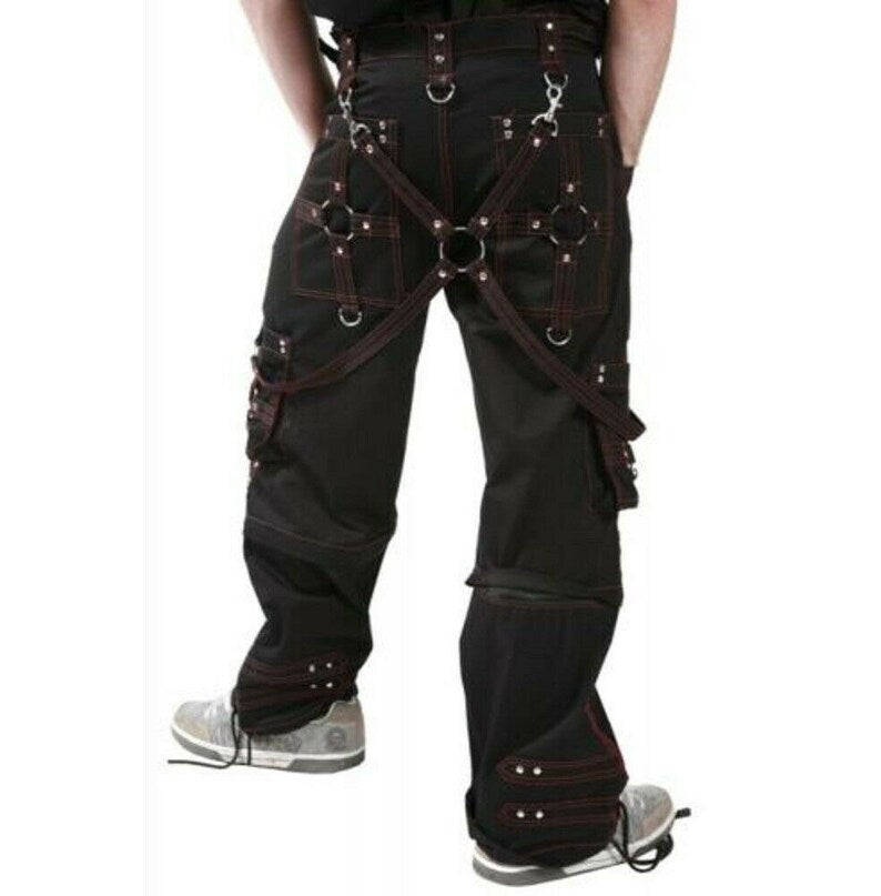 handmade men black cotton Red stitch Electro gothic cyber chain goth Trousers