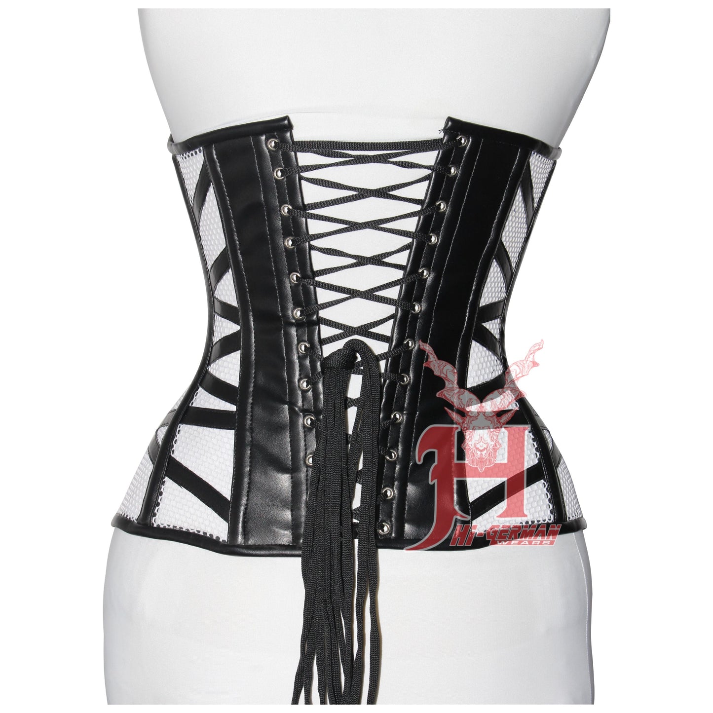 Handmade Women Black Faux Leather Mesh Overbust Corsets Steel Boned Corsets Hi-08 overbust corset black lace-up corset corset