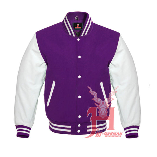 Hi-GERMANWEARS Purple Wool & White Leather Varsity Jacke – Unisex College Bomber | Gothic Retro Streetwear Look