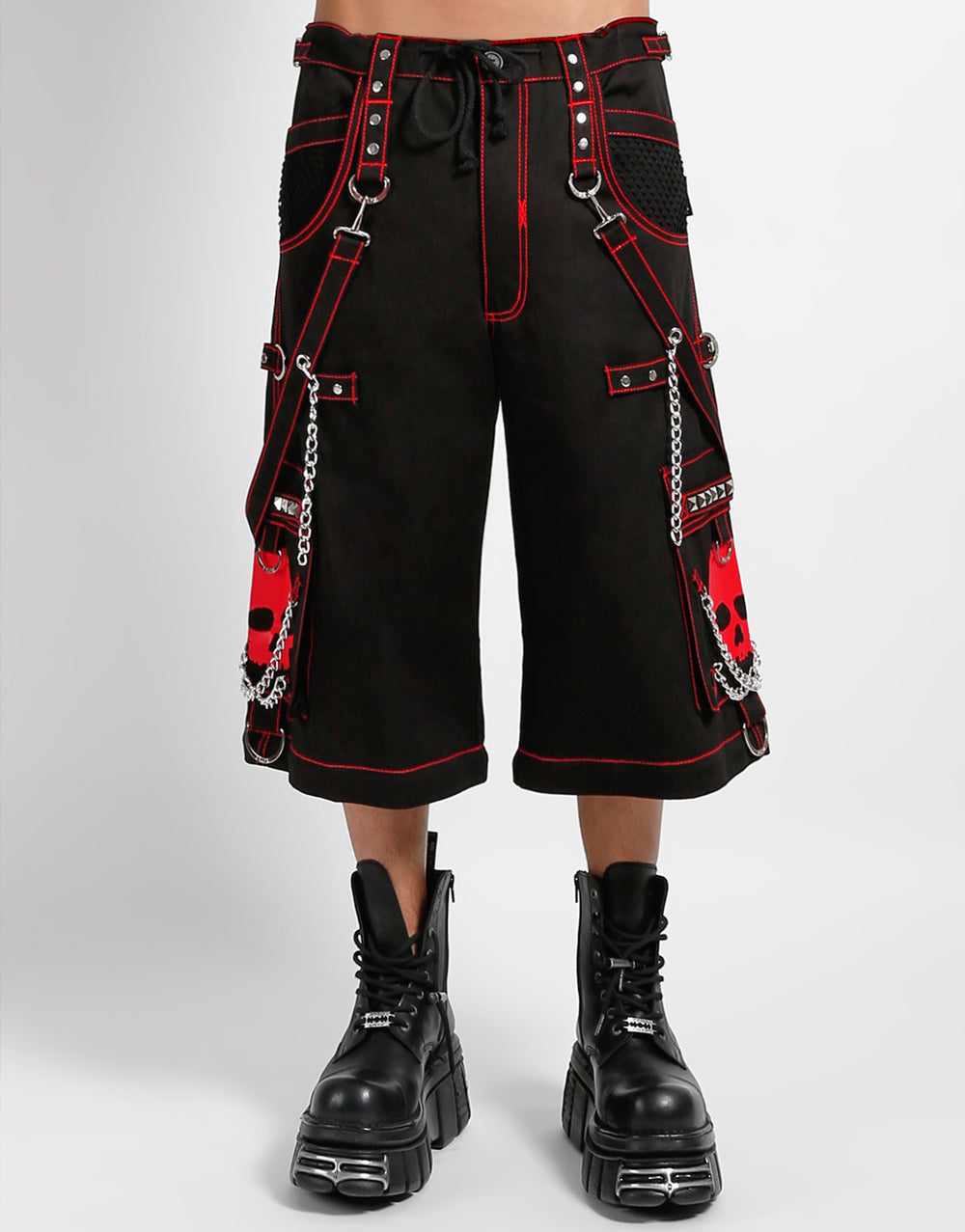 Gothic Skull Hose Schwarz Rot – Abnehmbar, Ketten, Nieten, Unisex Look