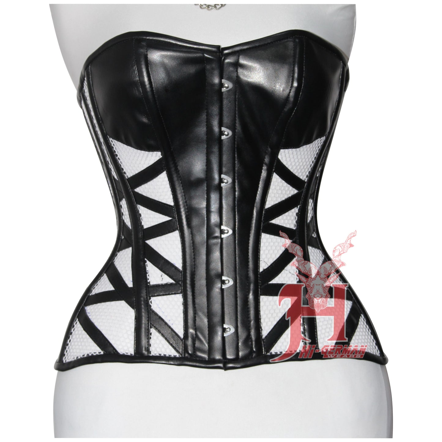Handmade Women Black Faux Leather Mesh Overbust Corsets Steel Boned Corsets Hi-08 overbust corset black lace-up corset corset