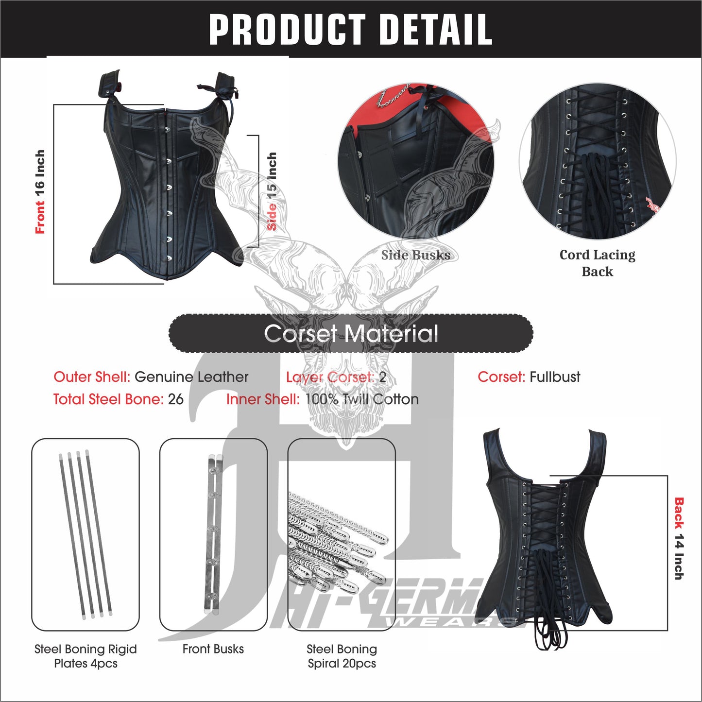 Women's Vollbrustkorsett Schwarz Leder Schnürkorsett mit Träger Gothic Corset Top
