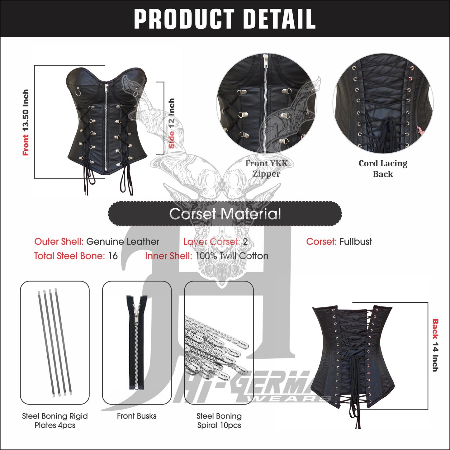 Women's Vollbrust Corsage Schwarz Leder Korsett Gothic Overbust Leather Zip Corset Top