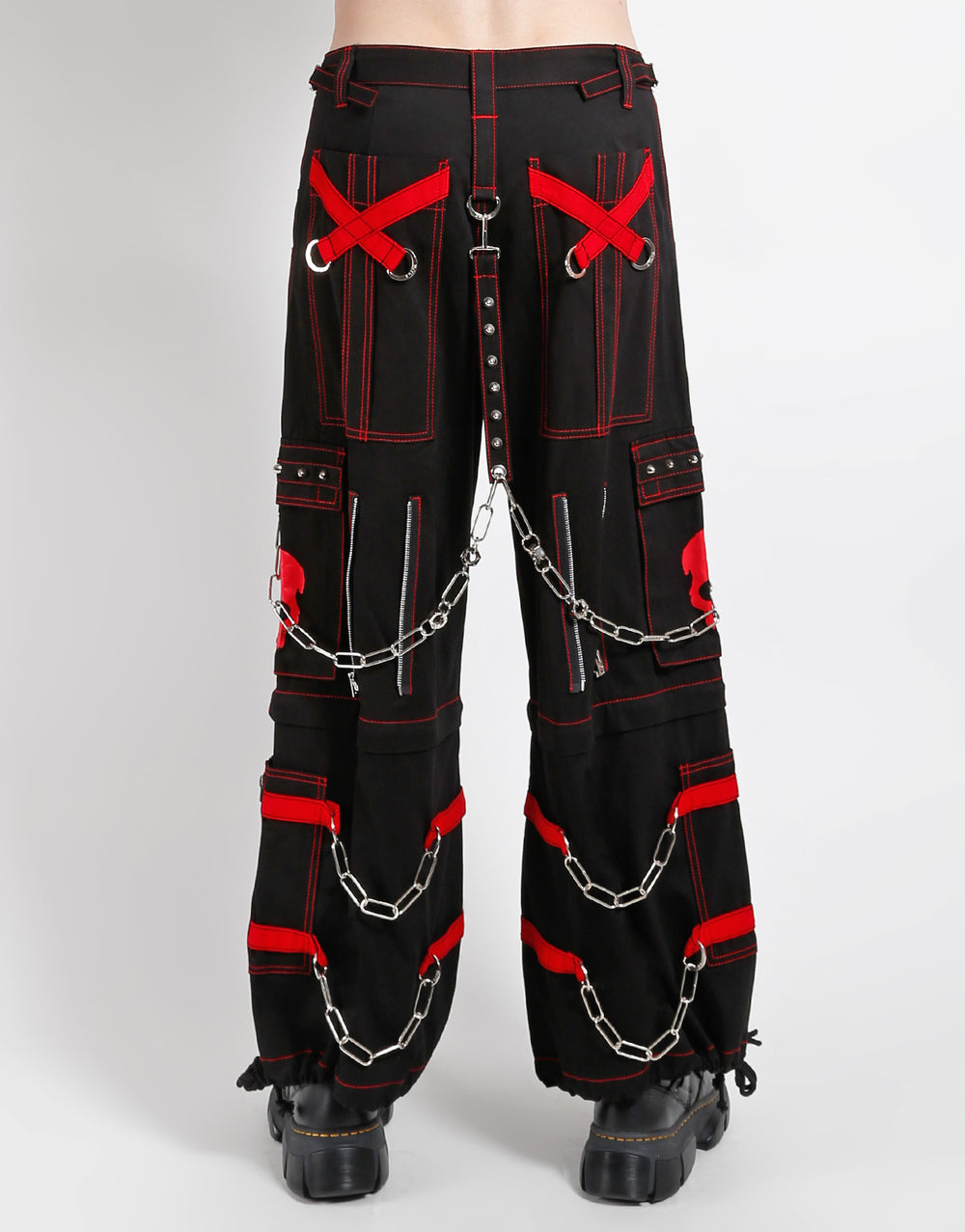 Zip-Off Hose Schwarz – Roter Totenkopf, Ketten, D-Ringe, Verstellbar Unisex