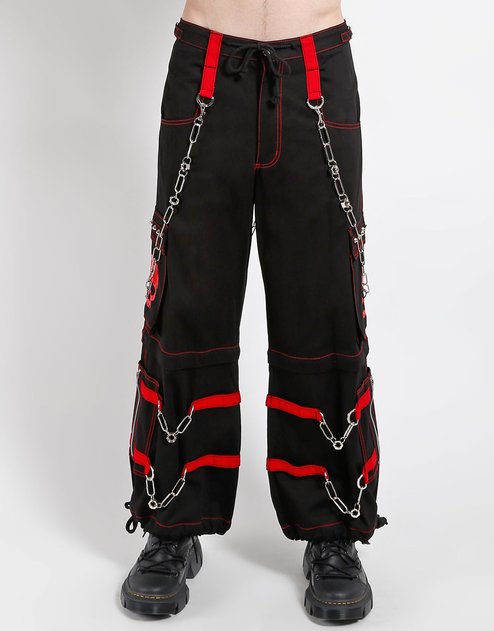 Zip-Off Hose Schwarz – Roter Totenkopf, Ketten, D-Ringe, Verstellbar Unisex