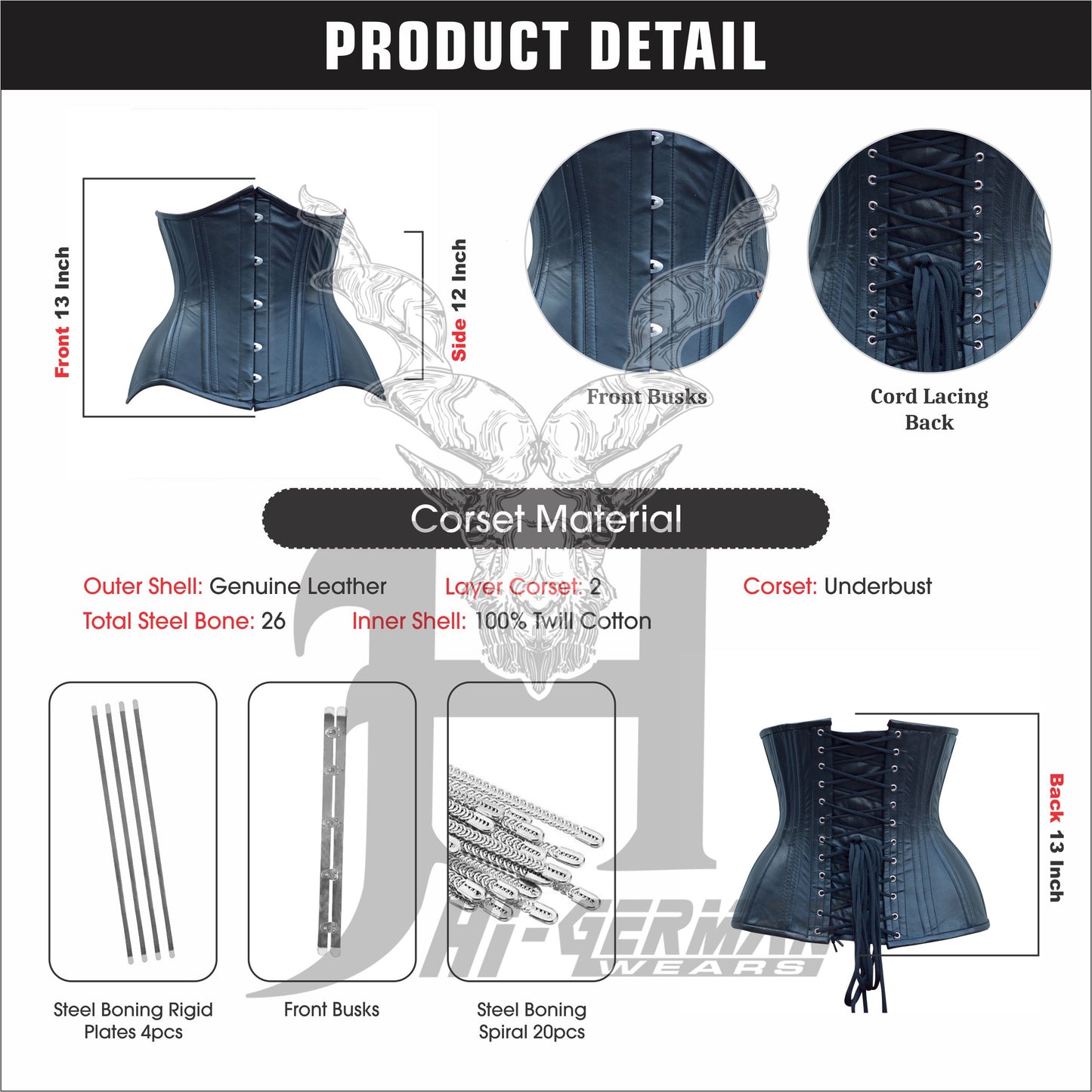 Women's Unterbrustkorsett Schwarz Leder Corsage Gothic Korsett Underbust Leather Corsets