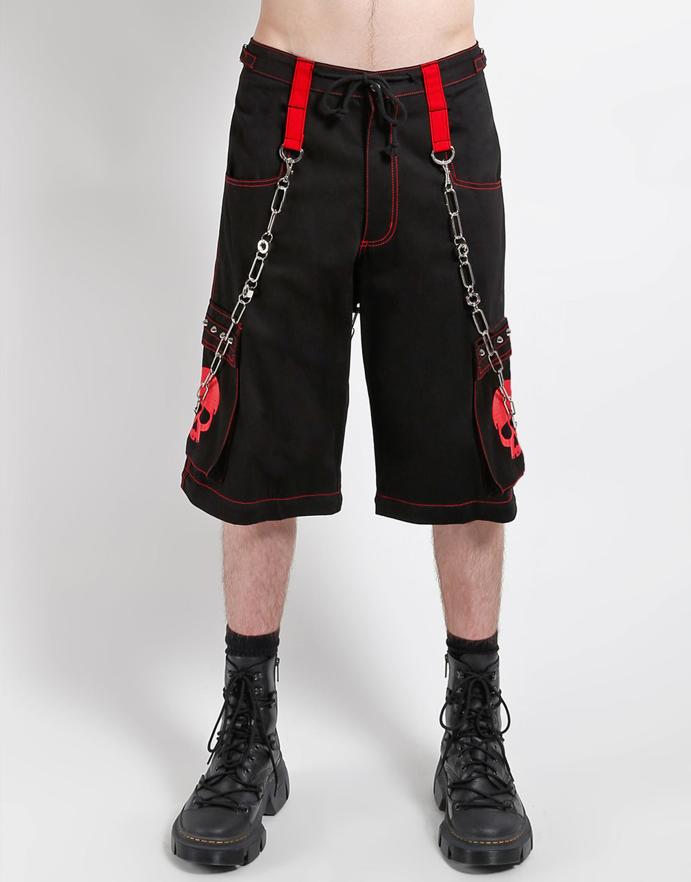 Zip-Off Hose Schwarz – Roter Totenkopf, Ketten, D-Ringe, Verstellbar Unisex