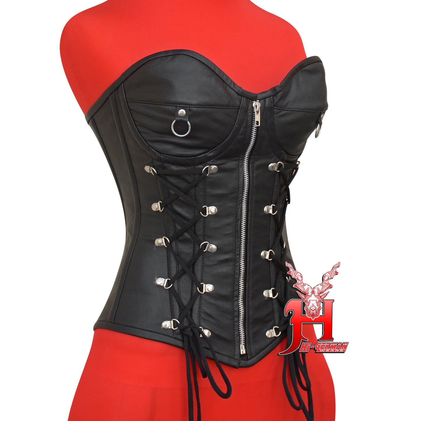 Women's Vollbrust Corsage Schwarz Leder Korsett Gothic Overbust Leather Zip Corset Top