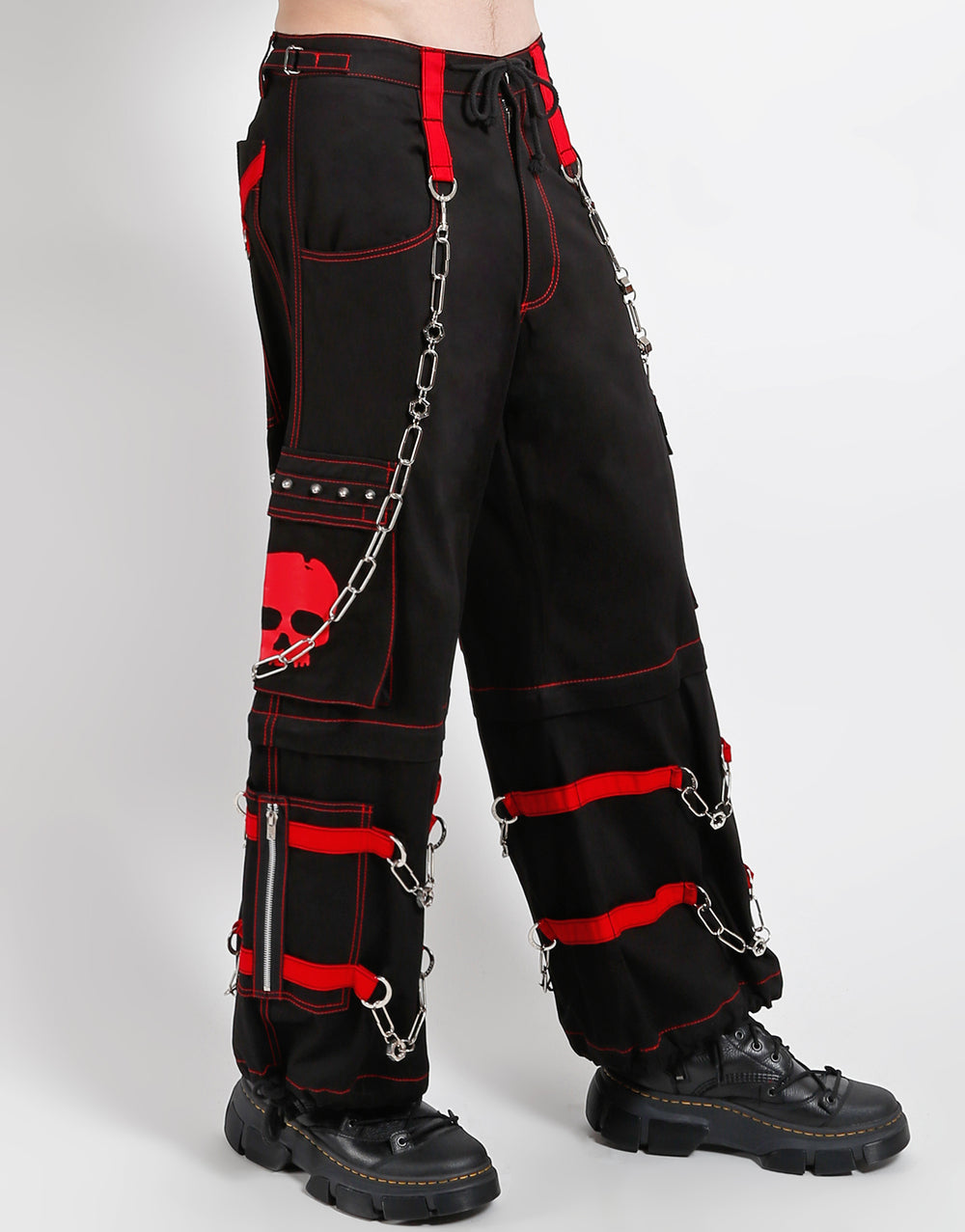 Zip-Off Hose Schwarz – Roter Totenkopf, Ketten, D-Ringe, Verstellbar Unisex