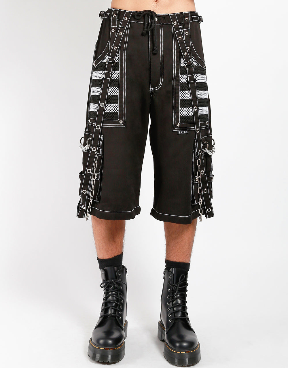 Gothic Hose Unisex Schwarz Weiß mit Ketten & Trägern – Cyberpunk Techwear