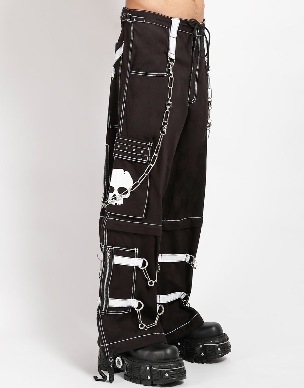 Zip-Off Hose Schwarz Weiß – Totenkopf, Ketten, Taschen, Unisex Verstellbar
