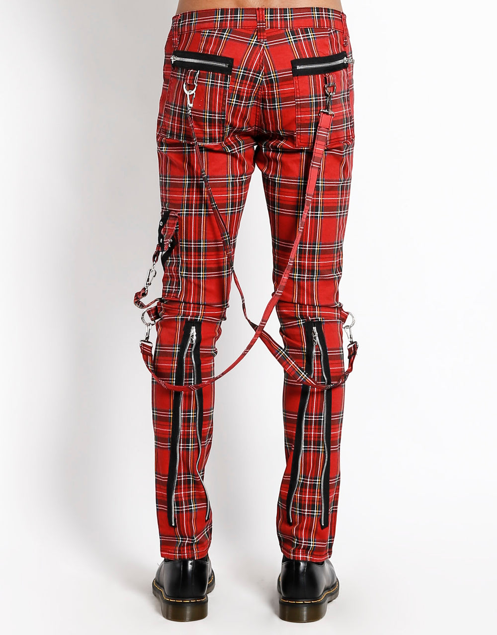 Gothic Hose Rot Kariert – Slim Fit, Ziergurte, Reißverschlüsse, Unisex Look