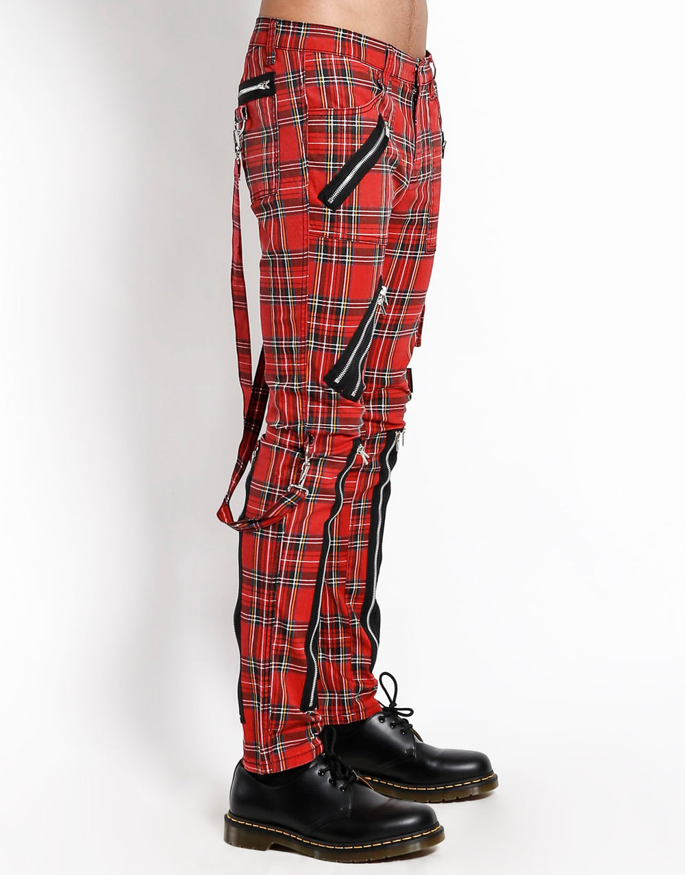 Gothic Hose Rot Kariert – Slim Fit, Ziergurte, Reißverschlüsse, Unisex Look