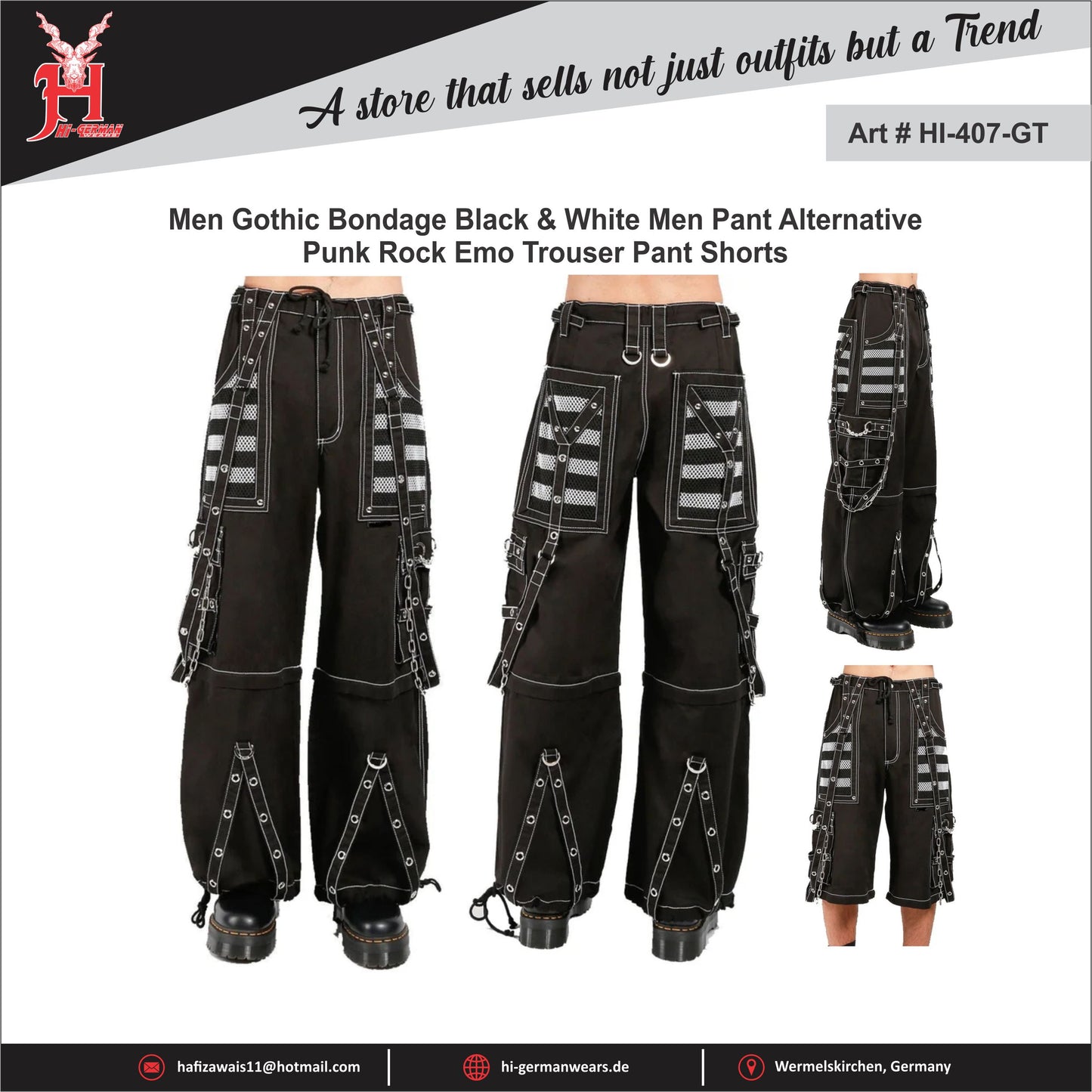 Gothic Hose Unisex Schwarz Weiß mit Ketten & Trägern – Cyberpunk Techwear