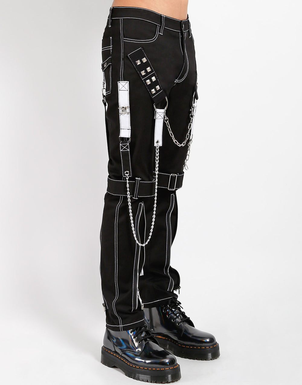 Gothic Hose Schwarz – Weiße Naht, Riemen, Ketten, Reißverschlüsse – Unisex