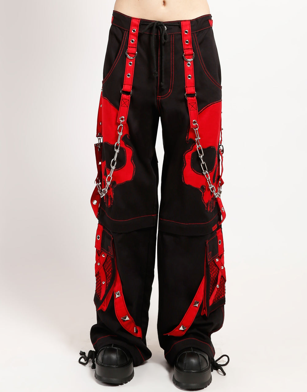 Gothic Hose Schwarz Rot – Totenkopf, Riemen, D-Ringe, Unisex Streetwear