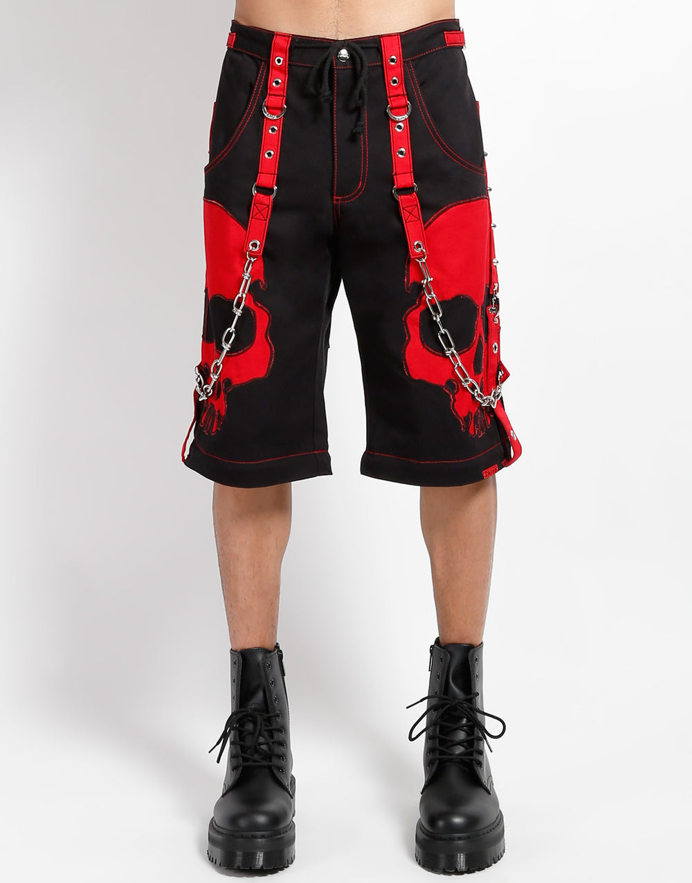 Gothic Hose Schwarz Rot – Totenkopf, Riemen, D-Ringe, Unisex Streetwear