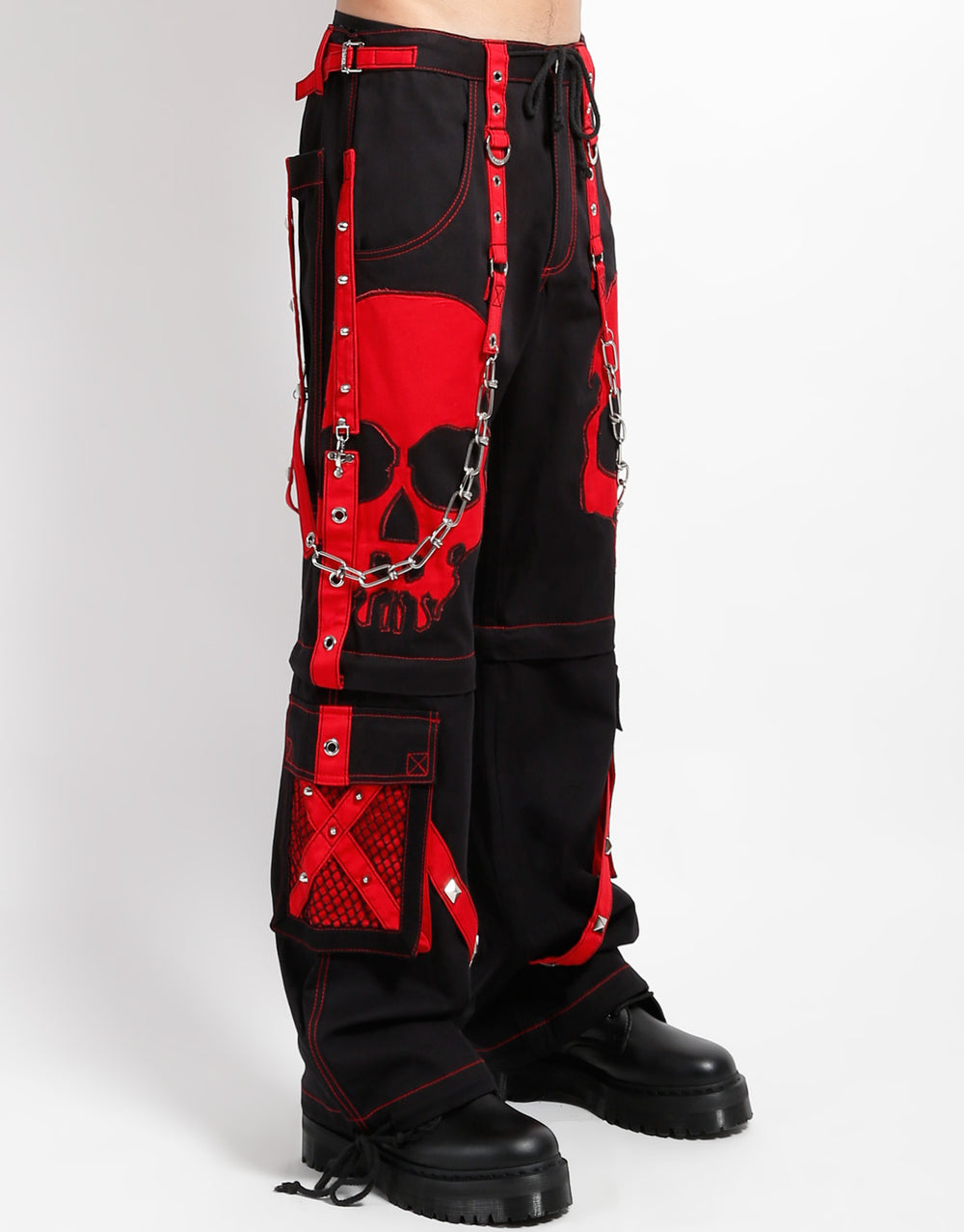 Gothic Hose Schwarz Rot – Totenkopf, Riemen, D-Ringe, Unisex Streetwear