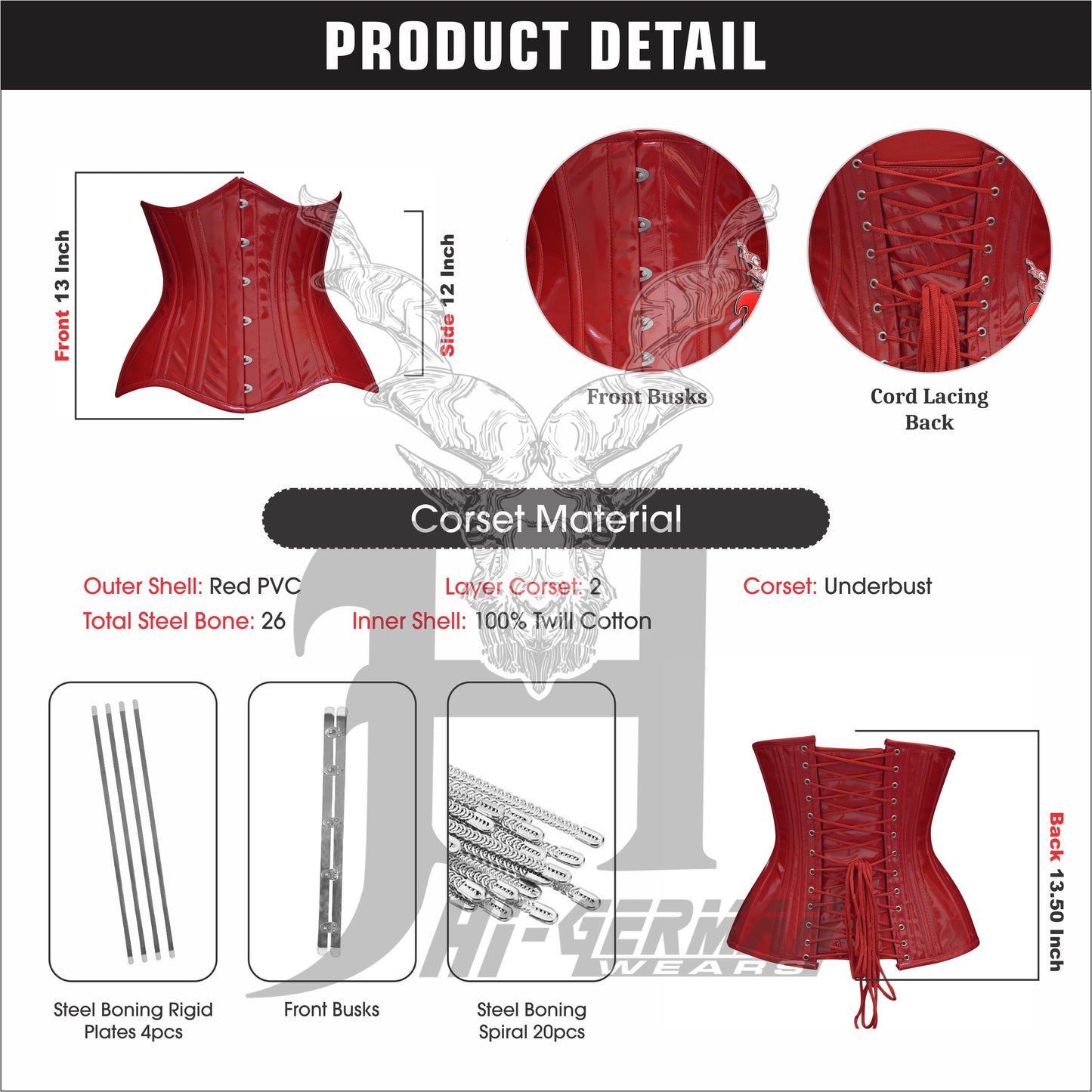 Women’s Underbust Red PVC Double Steel Boned Corset | Unterbrust Korsett Rot