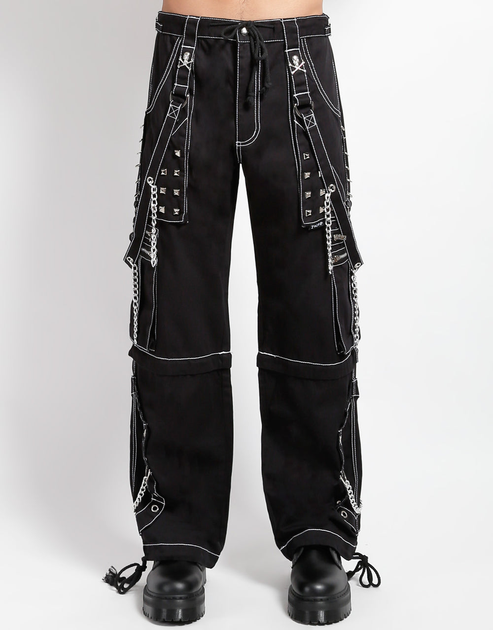 Zip-Off Hose Schwarz – Weiße Nähte, Ketten, Nieten, Slim Fit, Unisex Style