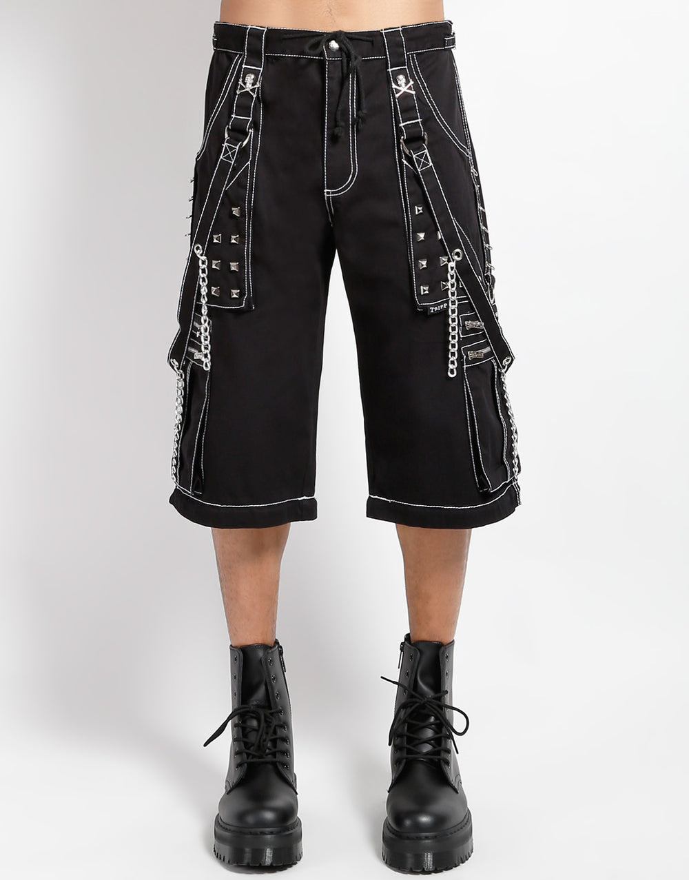 Zip-Off Hose Schwarz – Weiße Nähte, Ketten, Nieten, Slim Fit, Unisex Style