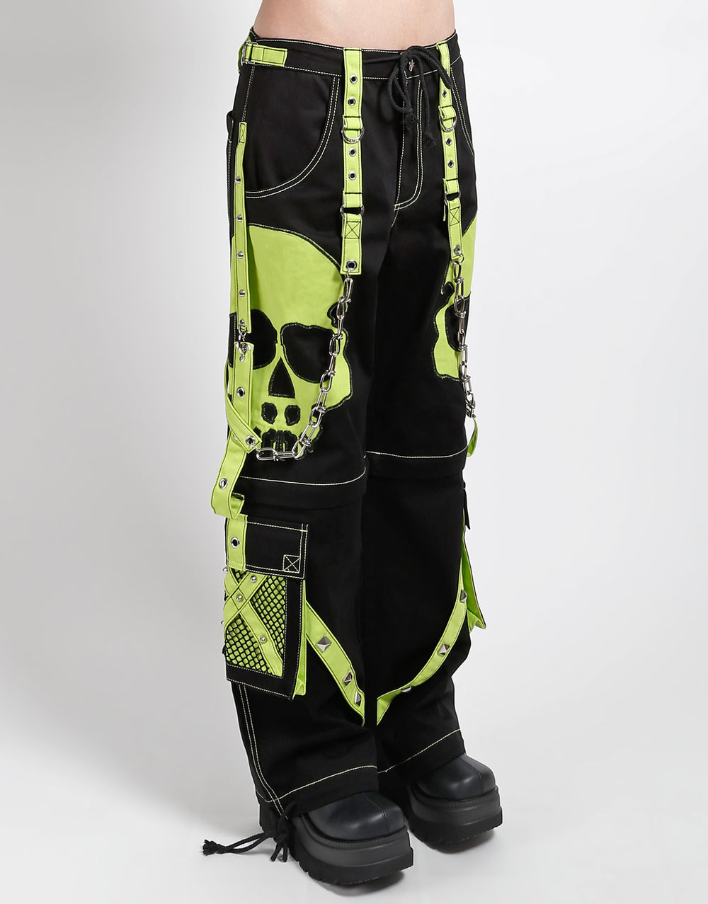 SCARE DARK STREET Hose – Gothic Hose Schwarz Neongrün mit Totenkopf & Trägern