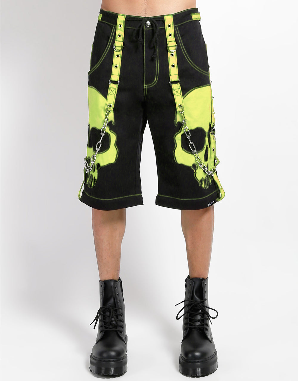 SCARE DARK STREET Hose – Gothic Hose Schwarz Neongrün mit Totenkopf & Trägern