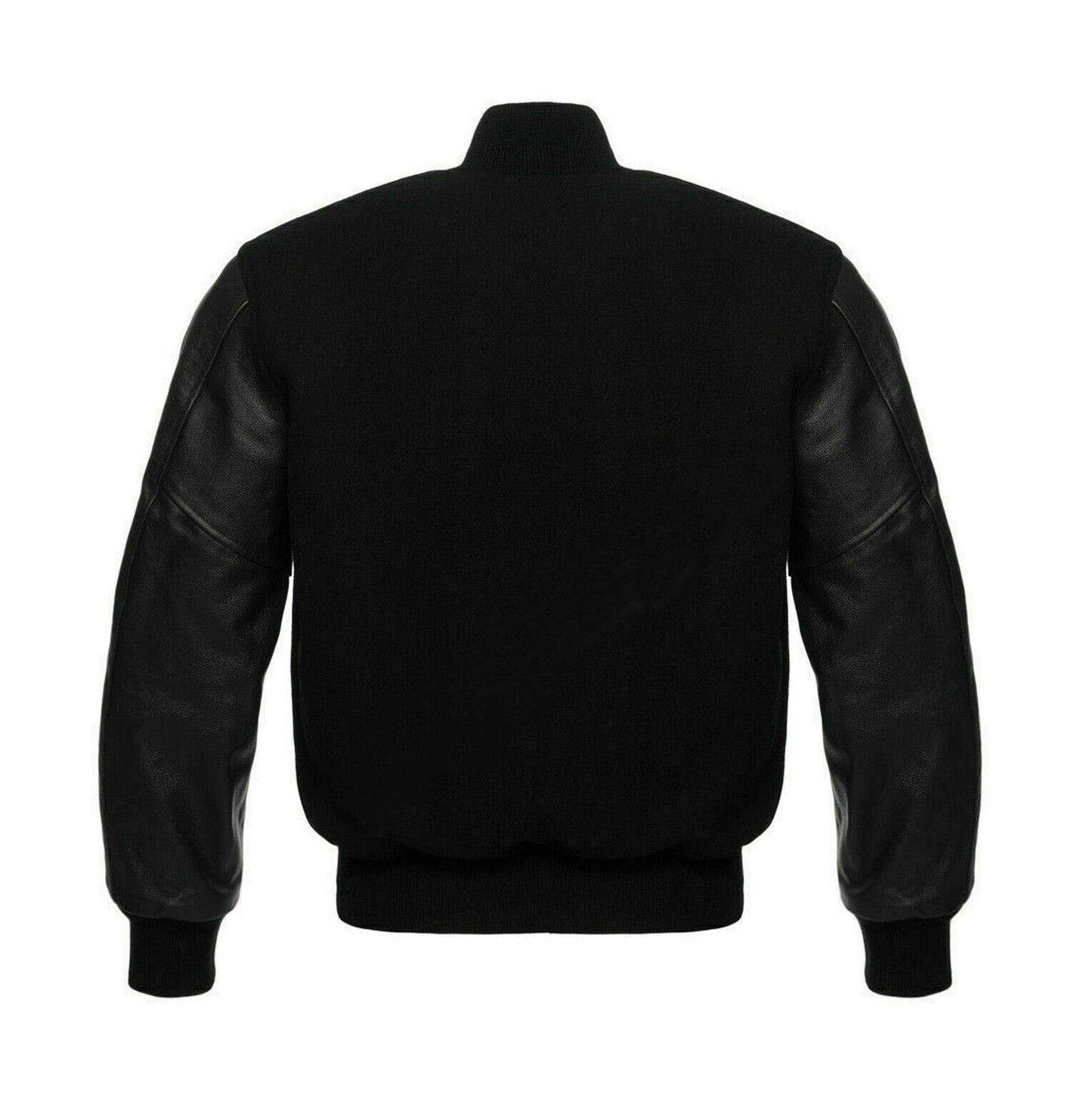 Varsity Letterman Baseball in Solid Black Wool and Genuine Black Leather Sleeves Jacket Varsity Men's Women's Kid's Letterman jackets Hi-203